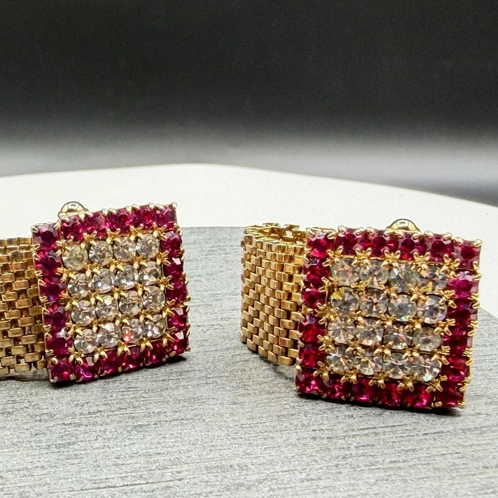 Gold Tone Pink Clear Rhinestone Square Wraparound Mesh Cufflinks Formal Jewelry
